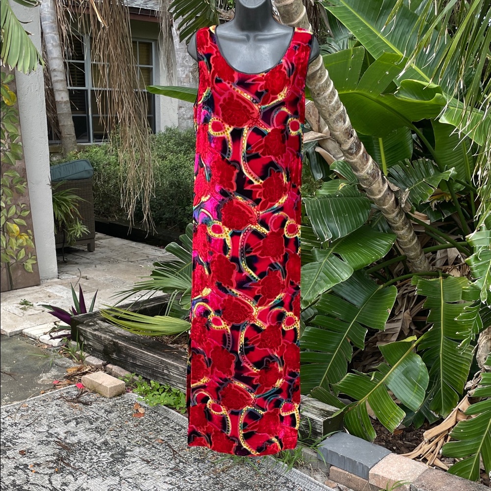 Hand painted silk velvet burnout resort wear column dress
